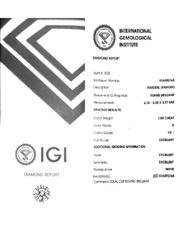 NIVODA - DIAMANTE IGI CT 1.00 - D - VS1 - EX EX EX